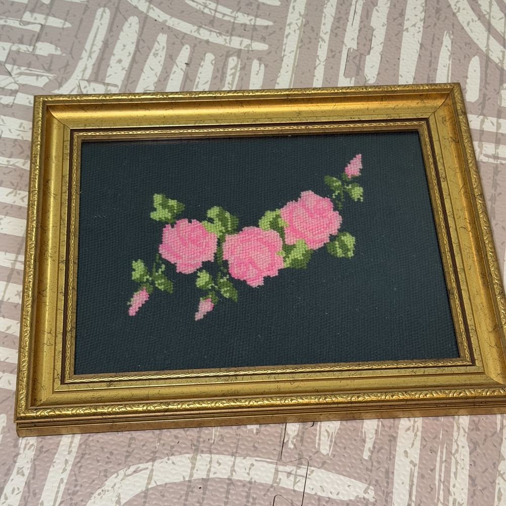 Cross Stitch Decoration Framed Pink Rose Handmade Needlepoint Flower Garden